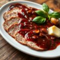 Moerkalf met beaujolaissaus en gegratineerde oeste