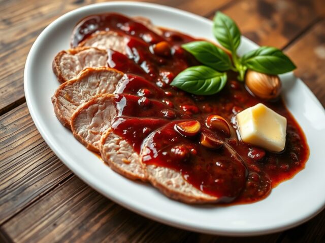 Moerkalf met beaujolaissaus en gegratineerde oeste