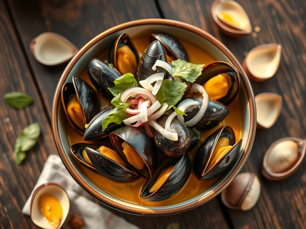 Mosselen in gele Thaise curry, AI-gegenereerde illustratie