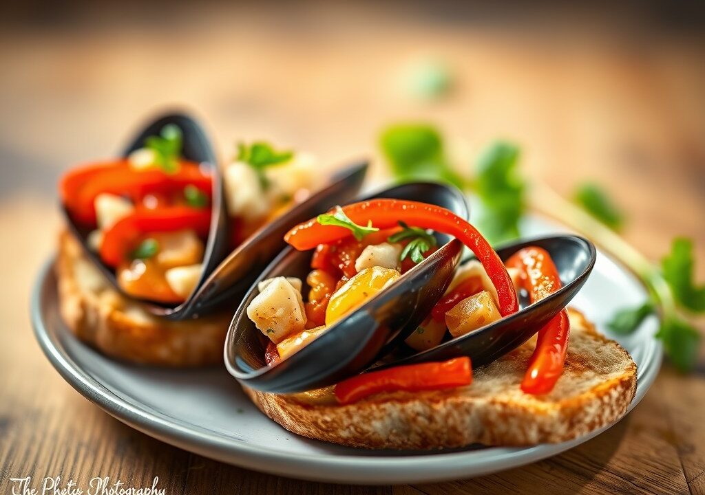 Mosselen met Boursin-paprika op crostini, AI-gegenereerde illustratie