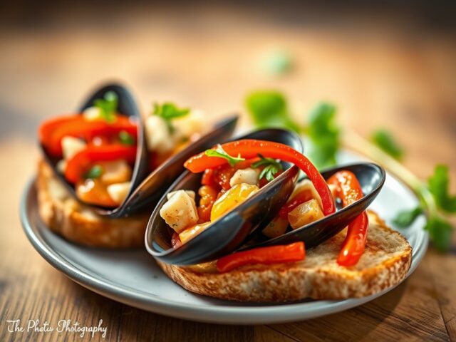 Mosselen met Boursin-paprika op crostini