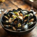 Mosselen met champignons in roomsaus.