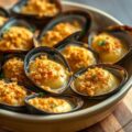 Mosselen met kaassaus en broodkruim in de oven gek