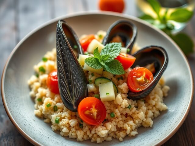 Mosselen met komkommersalade couscous en munt