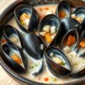 Mosselen met room, lente-uien en tomaten