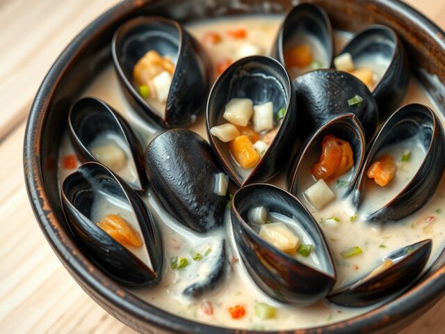 Mosselen met room, lente-uien en tomaten