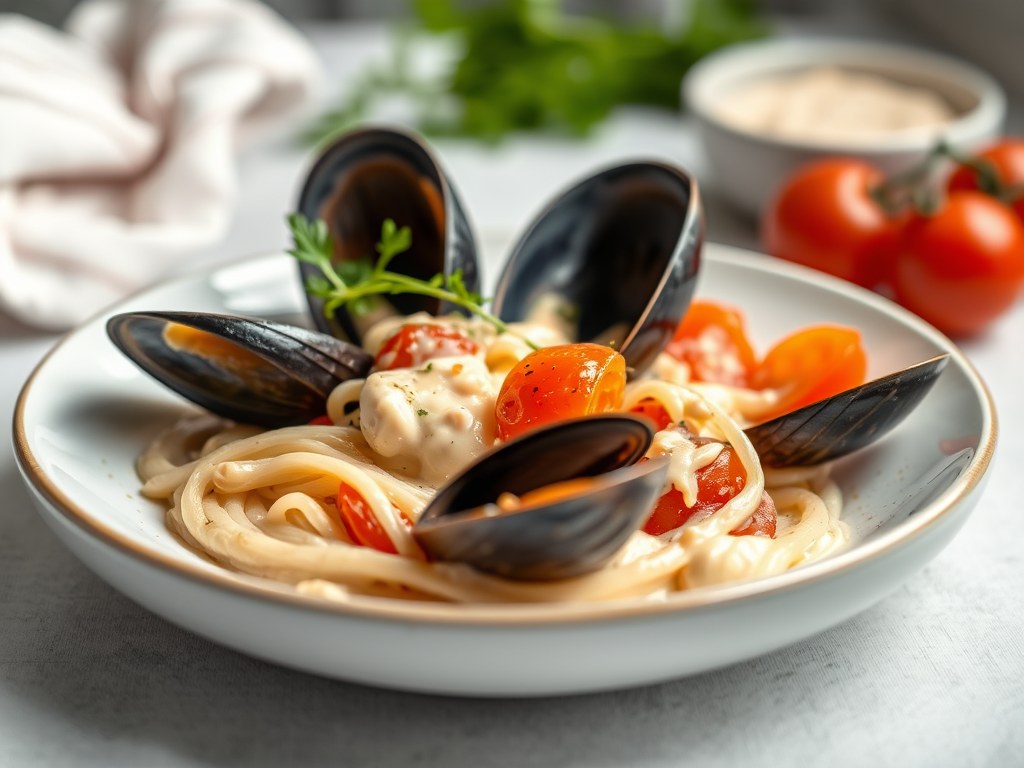 Mosselen met room, lente-uien en tomaten, AI-gegenereerde illustratie