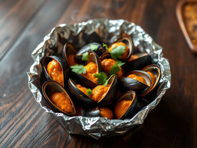 Mosselen met Thaise rode curry in aluminum folie