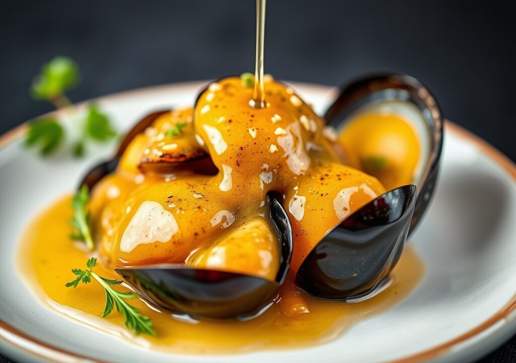 Mosselmaaltijd met mosterd-honingsaus, AI-gegenereerde illustratie