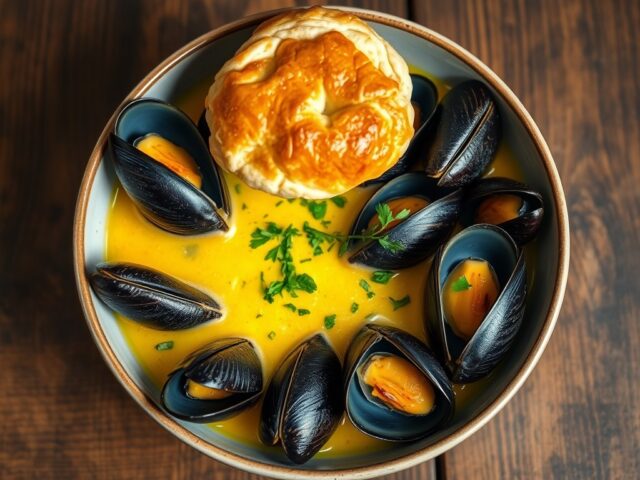 Mossels in saffraan-pieterseliesaus