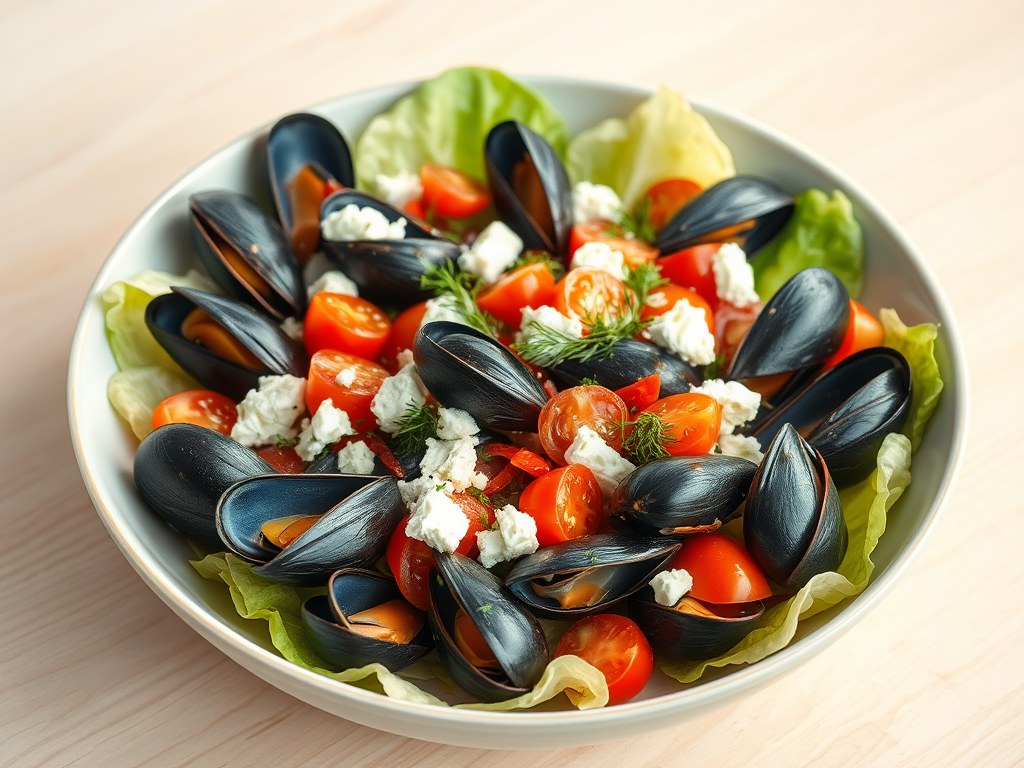 Mosselsalade met feta, AI-gegenereerde illustratie
