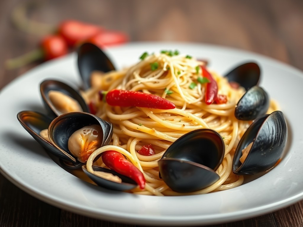 Mosselspaghetti, AI-gegenereerde illustratie