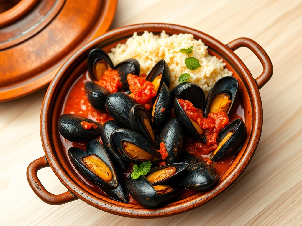 Mosseltajine met muntcouscous, AI-gegenereerde illustratie