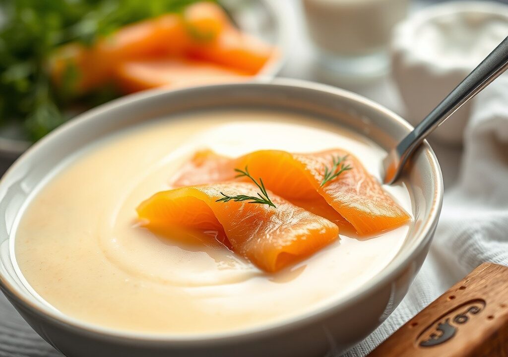 Mosterdsoep met gerookte zalm, AI-gegenereerde illustratie