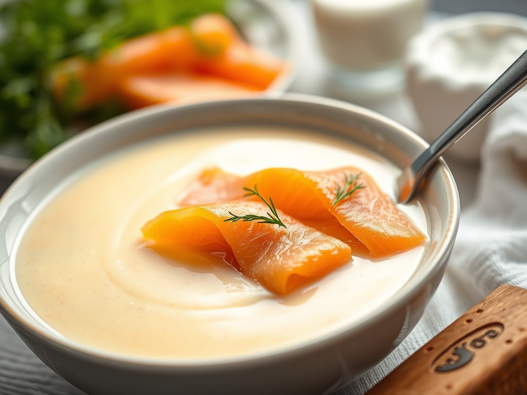 Mosterdsoep met gerookte zalm, AI-gegenereerde illustratie