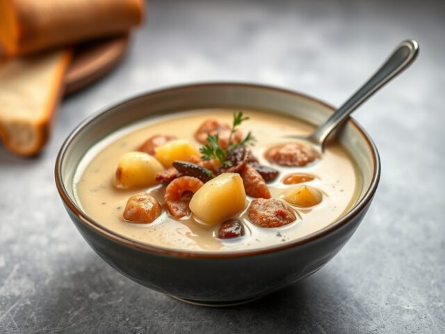 Mosterdsoep met meiknolletjes en gerookte paling