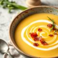 mosterdsoep met spekjes, bosui en mascarpone