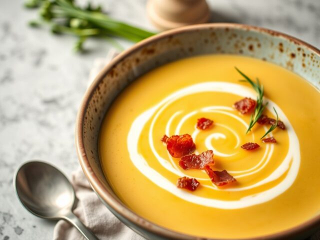 mosterdsoep met spekjes, bosui en mascarpone