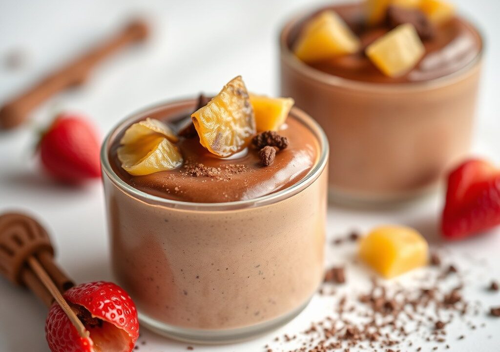 Mousse met melkchocolade en geconfijte stukjes gember, AI-gegenereerde illustratie