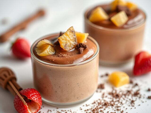 Mousse met melkchocolade en geconfijte stukjes gember — AI-gegenereerde illustratie