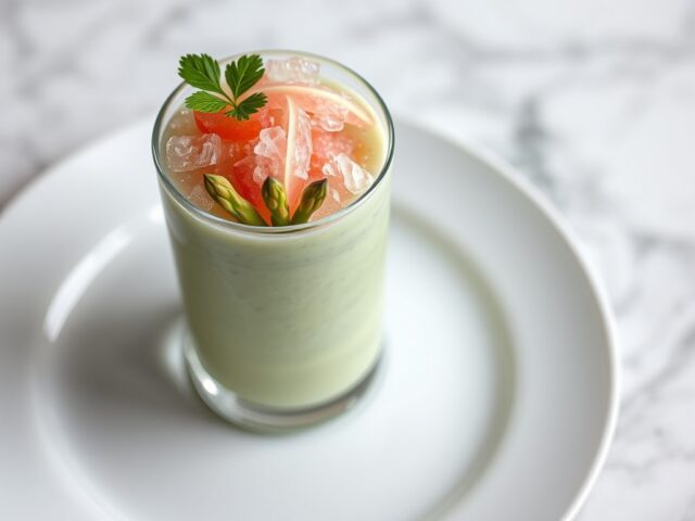 Mousse van asperge met granité van roze Florida pompelmoes