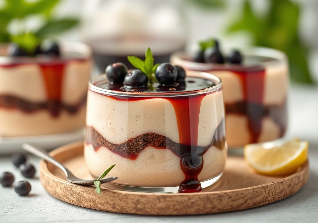 Mousse van choggiabiet en oerbietjessaus met port, AI-gegenereerde illustratie