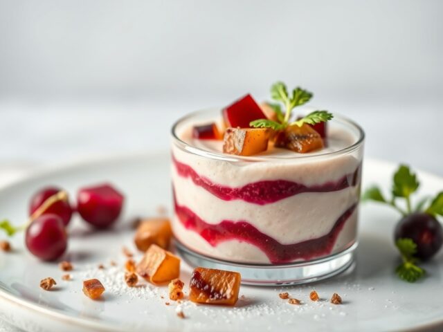 Mousse van gerookte makreel met rode biet, yoghurt