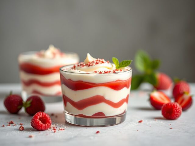 Mousse van marsepein met frambozencoulis