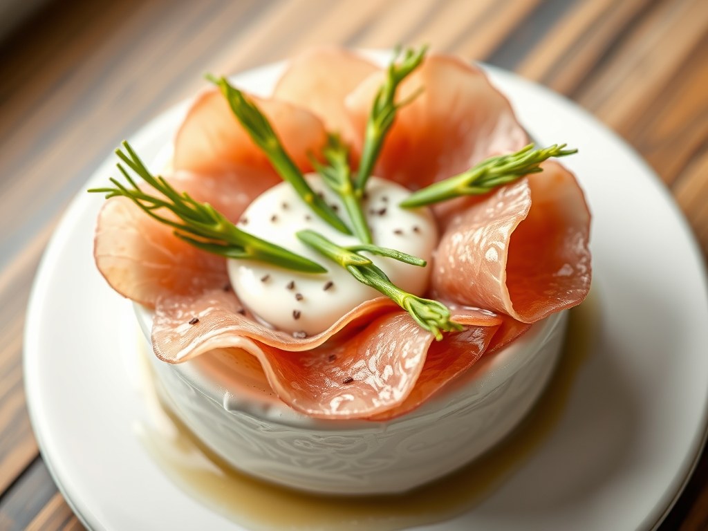 Mousseline met carpaccio van asperges, AI-gegenereerde illustratie