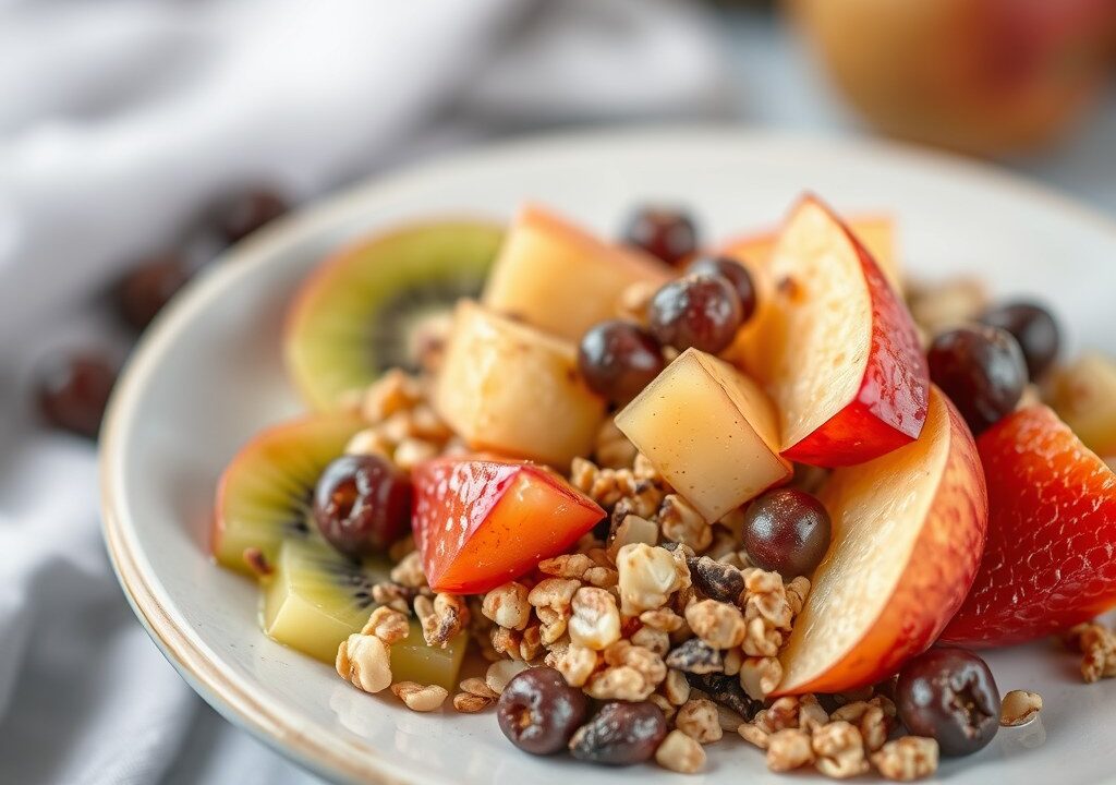 Muesli met kwark en fruitcompote, AI-gegenereerde illustratie