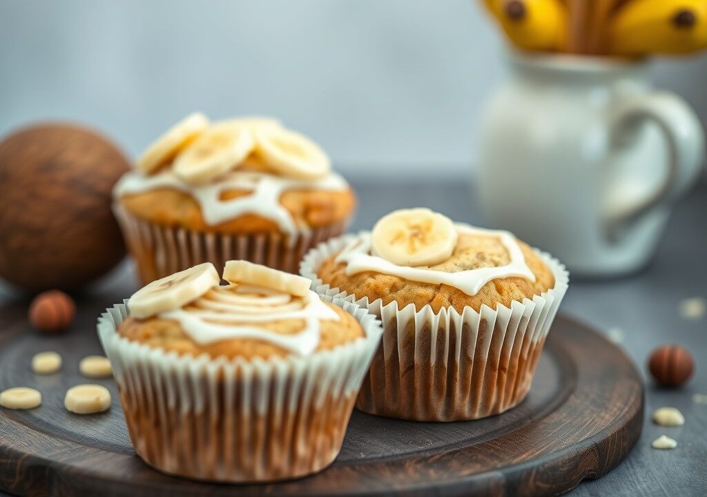 Muffins met banaan, witte chocolade en kokos, AI-gegenereerde illustratie