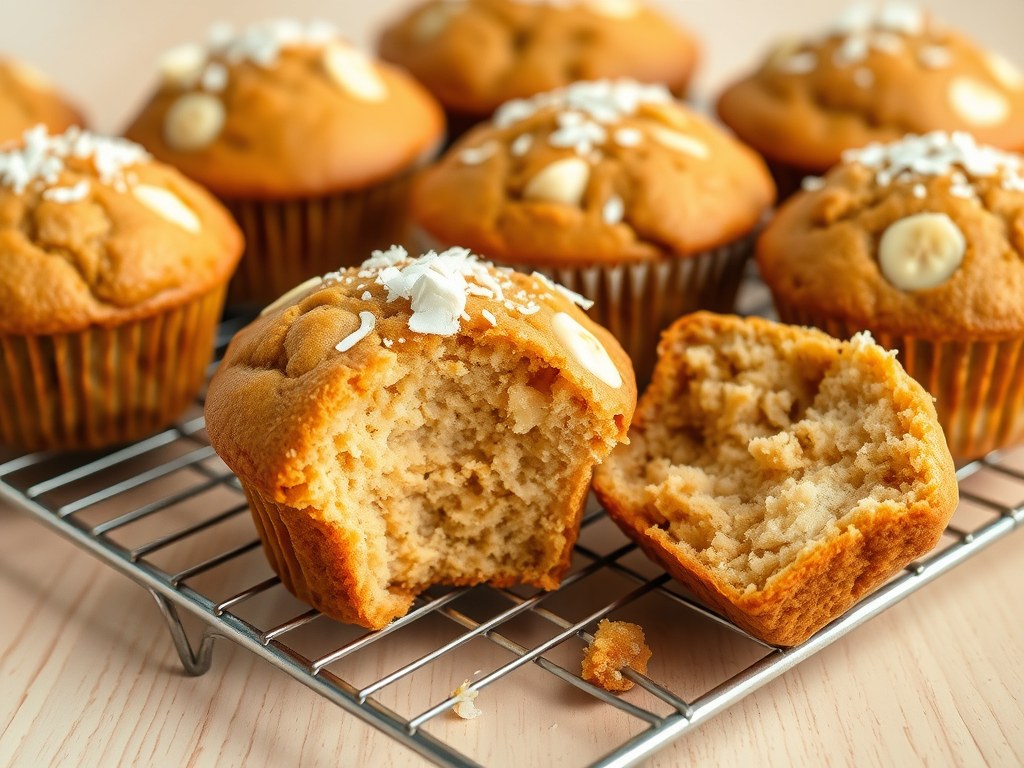 Muffins met banaan, witte chocolade en kokos, AI-gegenereerde illustratie