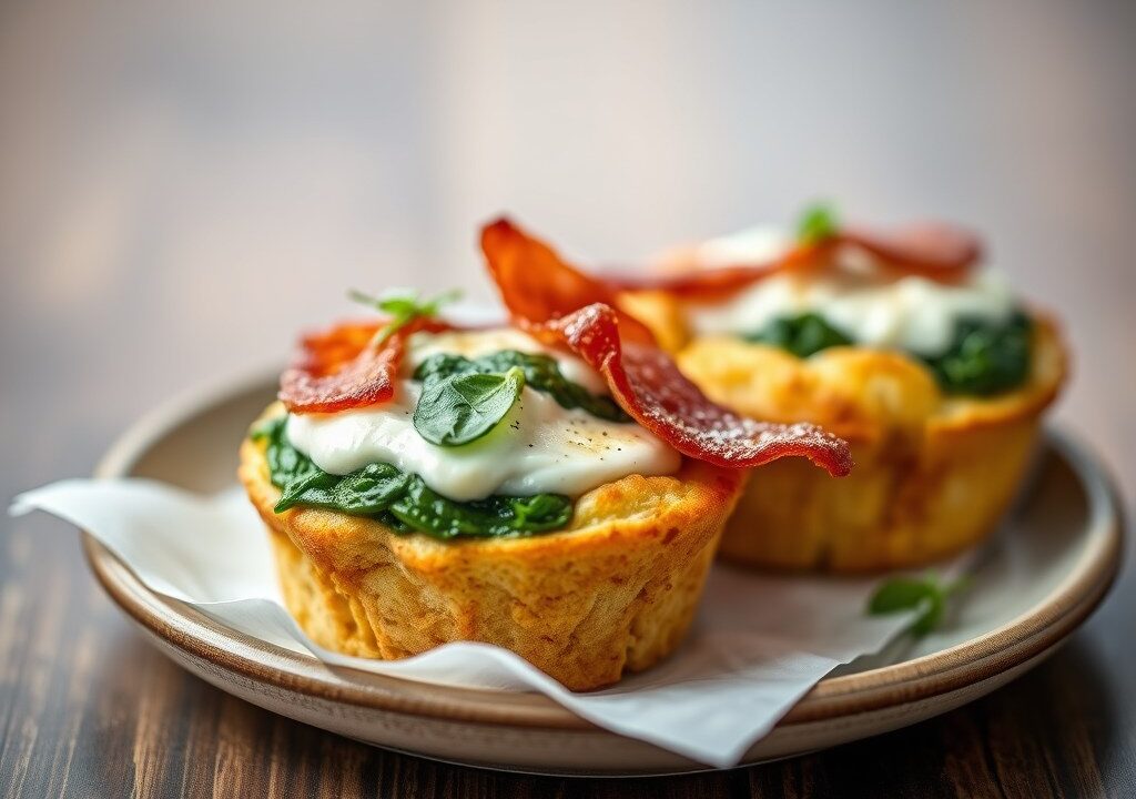 Muffins met gebakken spekjes, ricotta en spinazie, AI-gegenereerde illustratie
