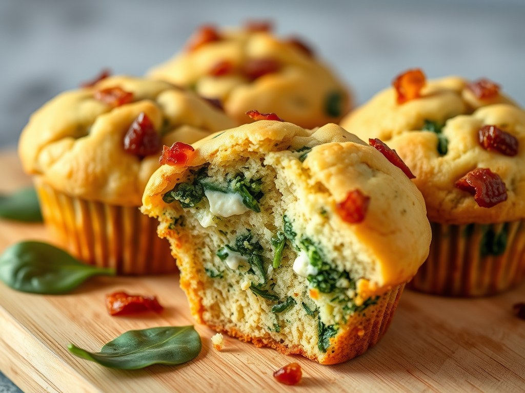 Muffins met gebakken spekjes, ricotta en spinazie, AI-gegenereerde illustratie