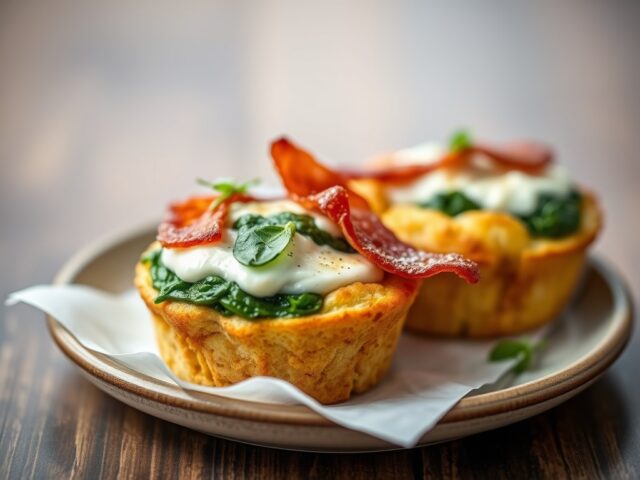 Muffins met gebakken spekjes, ricotta en spinazie — AI-gegenereerde illustratie
