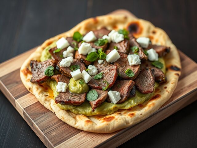 Naanbrood met gegrild lamsvlees,avocado en munt