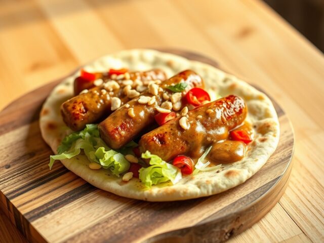 Naanbrood met saucijsjes in pindasaus