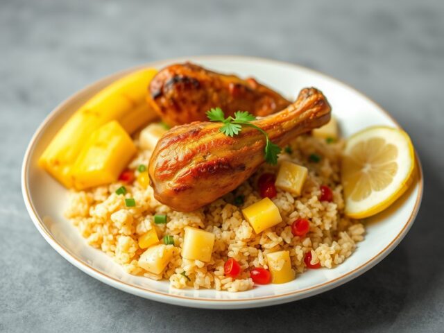 Nasi goreng met ananas en kipdrumsticks — AI-gegenereerde illustratie