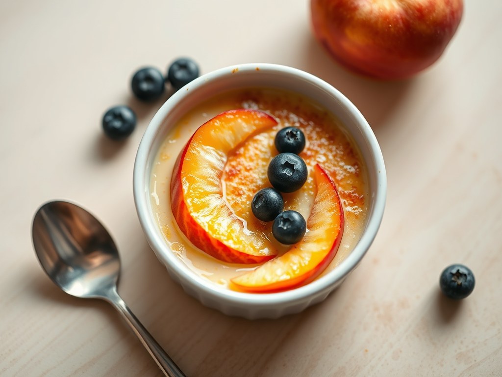 Nectarine-en yoghurtcréme brulée, AI-gegenereerde illustratie