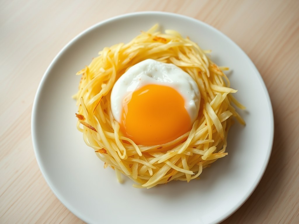 Nestje van prei met gepocheerd ei, AI-gegenereerde illustratie