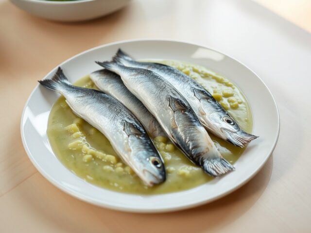 Nieuwe haring met puree van sperziebonen