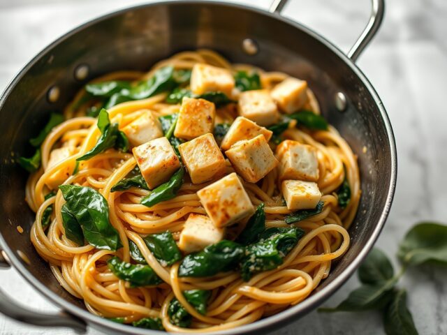Noedels met tofu en spinazie — AI-gegenereerde illustratie
