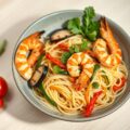 Noedelsalade met gamba’s,gegrilde groenten en toma