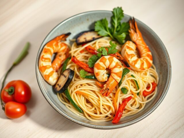 Noedelsalade met gamba’s,gegrilde groenten en toma