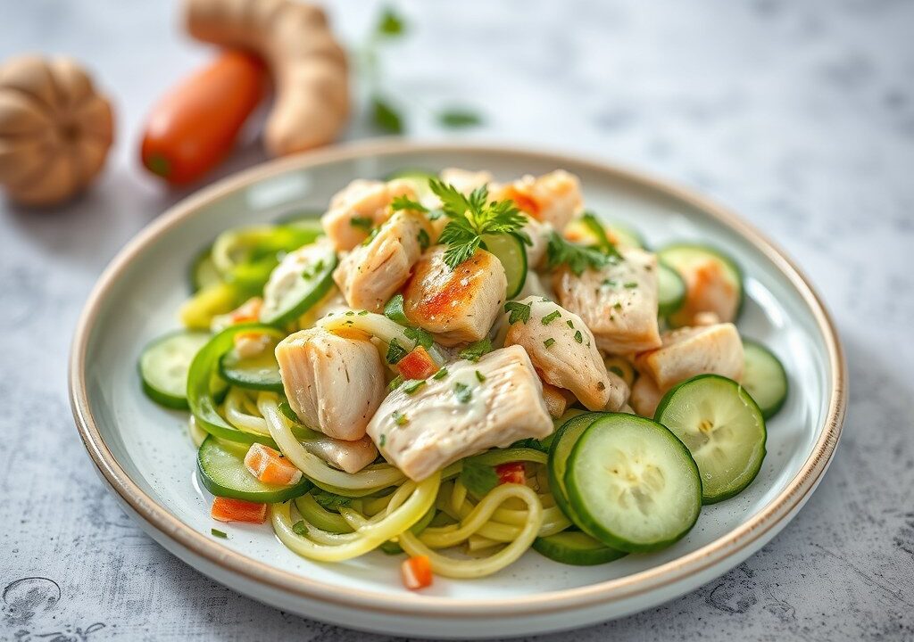 Noedelsalade met komkommer, AI-gegenereerde illustratie