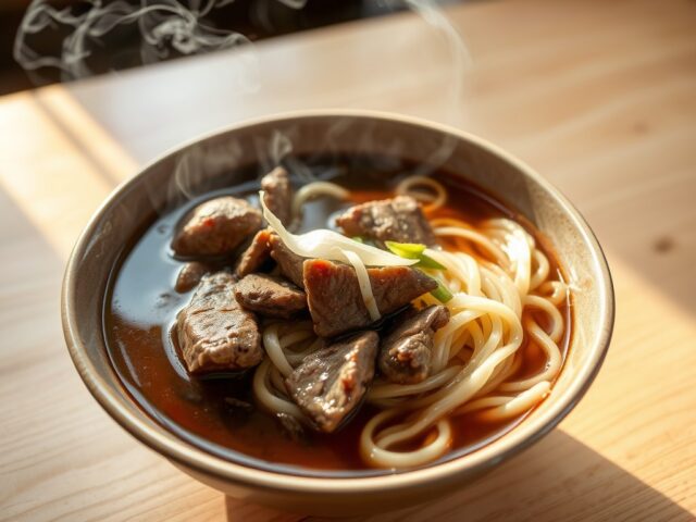Noedelsoep met rundvlees en champignons
