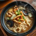 Noodle soep met gebakken kipfilet-reepjes