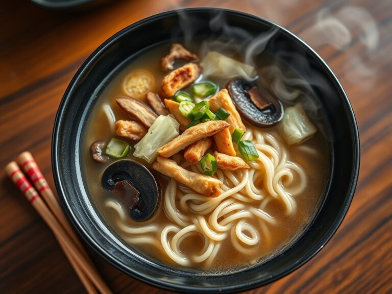 Noodle soep met gebakken kipfilet-reepjes