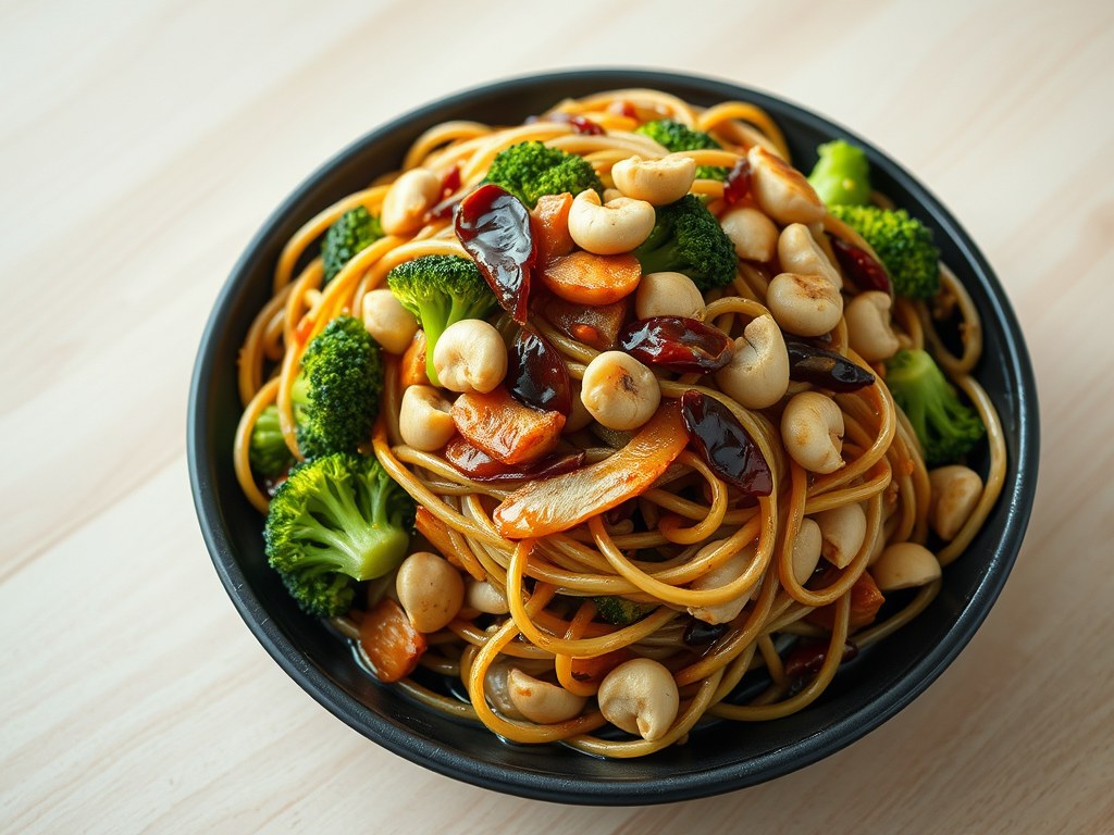 Noodles met broccoli, AI-gegenereerde illustratie