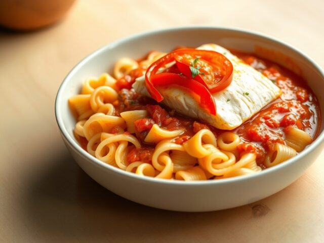 Noodles met kabeljauw in tomatensaus